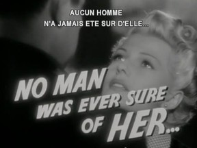 Rita Hayworth in The Lady From Shanghai, a film directed by Orson Welles. The Cinémathèque Québécoise is showing it with French subtitles.