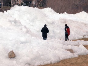 A couple walk their dog around piles of ice that has settled on shore at Valois Bay in Dorva on Friday April 18, 2014.