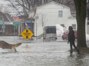 Snow melt from the fields around St-Clet flooded streets in the town on Tuesday, April 8, 2014.