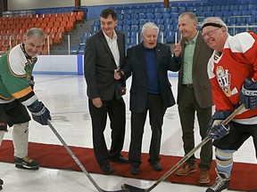 Left to right: Pointe-Claire Mayor Morris Trudeau, PCOT VP Luc Daoust, Dick Irvin, PCOT president Rudy Erfle and Ed Wilson. (Marie-France Coallier/THE GAZETTE)