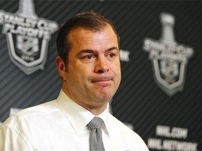 Alain Vigneault, head coach of the New York Rangers, speaks to the media during a press conference after Game Three of the Eastern Conference Final against the Montreal Canadiens during the 2014 NHL Stanley Cup Playoffs at Madison Square Garden on May 22, 2014 in New York City.