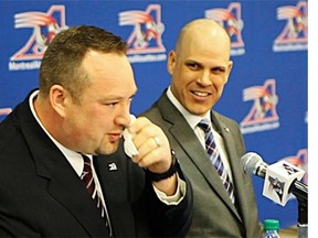 Alouettes veteran Scott Flory battles his emotions as he officially announces his retirement alongside Als president Mark Weightman on Wednesday.