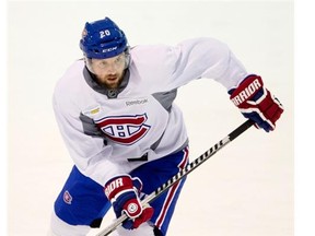 Canadiens left-winger Thomas Vanek takes part in drills during team practice at the Brossard sports complex on Wednesday. During practice, Vanek was demoted to to the fourth line, having registered no points in the first two games of the Eastern final.