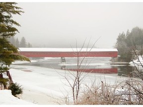The community of Wakefield rallied to organize the construction of a covered bridge, completed in 1997 and pictured above, to replace a bridge that was destroyed by fire in 1984. Trevor Ferguson uses the original structure’s fate as a springboard for the events of The River Burns.