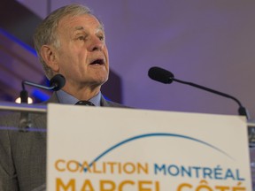Marcel Côté  speaks to supporters at the headquarters for Coalition Montreal before Montreal's municipal election last November. Côté  passed away yesterday at the age of 71. (Peter McCabe / THE GAZETTE)