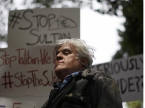 Jay Leno participates in a rally Monday, May 5 outside the Beverly Hills Hotel, protesting draconian punishments announced by the Sultan of Brunei, who owns the iconic building.