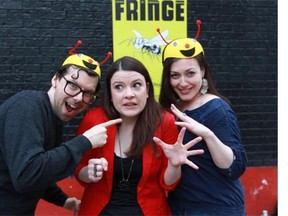 Fringe Festival director Amy Blackmore (centre) in a sting with festival spokespeople Simon Boulerice and Holly Gauthier-Frankel and Tuesday, May 6, 2014.