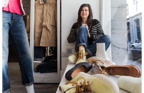 Lysanne Pepin, wearing Fretons, in her Espace Pepin storefront window among Shabbies and Fretons shoes on Wednesday, May 21, 2014. (Dave Sidaway / THE GAZETTE)