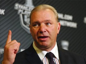 Michel Therrien, headcoach of the Montreal Canadiens, speaks to the media during a press conference after Game Three of the Eastern Conference Final against the New York Rangers during the 2014 NHL Stanley Cup Playoffs at Madison Square Garden on May 22, 2014 in New York City.