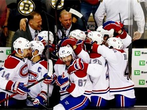 The Montreal Canadiens celebrate after defeating the Boston Bruins 3-1 in Game Seven of the Second Round of the 2014 NHL Stanley Cup Playoffs at the TD Garden on May 14, 2014 in Boston.