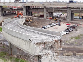 A ramp that led from St. Jacques St. to the Ville-Marie expressay was demolished this month. The upcoming replacement of a St-Jacques St. overpass will cause even more traffic problems.