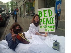 Two actors stage a mock bed-in around Montreal in honour of the 45th anniversary of the John and Yoko bed-in which famously took place at the Queen Elizabeth Hotel in Montreal in 1969.