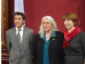 Amir Khadir, first elected in the Plateau-Mont-Royal borough’s Mercier riding in 2007, and Françoise David (right), who took Gouin riding from the Parti Québécois in the 2012 election, were joined by Manon Massé, victor in downtown Sainte-MarieSaint-Jacques, who received the loudest applause from Québec solidaire supporters in the National Assembly’s Salon Rouge on Friday, May 2, 2014.
