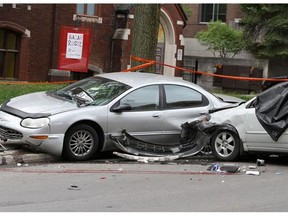 Police were trying to pull over the driver of the car, at right, at 8:30 a.m. when the motorist sped away, but crashed into parked cars on St-Joseph Blvd. near Nelson Ave.