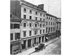 St. Lawrence Hall, St. James Street, Montreal, circa 1865-70. This was considered to be Montreal’s finest hotel before the Windsor Hotel opened in 1878. It was also where U.S. Confederate forces set up operations, 150 years ago this week, during the American Civil War, as a base to harass and distract Abraham Lincoln’s Union from Canada.