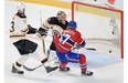 Max Pacioretty shoots the puck past Boston Bruins’ Zdeno Chara, left, and goalie Tuuka Rask for the Habs second goal of the game in second period of Game 6 of Stanley Cup playoff series in Montreal Monday May 12, 2014.