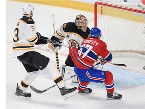 Max Pacioretty shoots the puck past Boston Bruins’ Zdeno Chara, left, and goalie Tuuka Rask for the Habs second goal of the game in second period of Game 6 of Stanley Cup playoff series in Montreal Monday May 12, 2014.