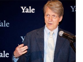 Robert Shiller, winner of the Nobel Prize in Economics, speaks during a press conference at Yale University October 14, 2013, in New Haven, Conn.