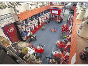 A smaller group watches the Montreal Canadiens victory in Game 3 against the Boston Bruins at the Western Canadian Montreal Canadien's Fan Club and hockey team dressing room at Harold Latrace Arena. The most celebrated NHL team's roots grow deep even in Saskatoon. Team members and their families have gathered to watch games for the last 26 years.