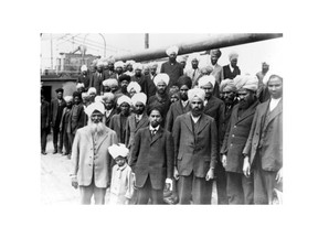 Some of the 376 Punjabis, mostly Sikhs, aboard the Komagata Maru in Vancouver Harbour in 1914.