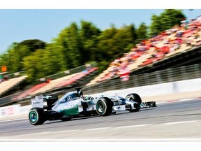 British Formula One driver Lewis Hamilton races his Mercedes during the second practice session ahead of this weekend’s Spanish Grand Prix. Hamilton has won three of the four races so far this season.