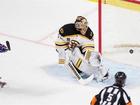 Dale Weise scores the Canadiens’ third goal against Boston Bruins goalie Tuukka Rask during the second of NHL payoff action at the Bell centre in Montreal on Tuesday May 6, 2014.
