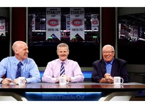 Former Canadiens coach Jacques Demers, right, and former Hab Chris Nilan, centre, join Gazette sports editor/host Stu Cowan for taping of the HI/O Show for The Gazette’s hockeyinsideout.com website on May 21, 2014 to discuss the Habs-Rangers Eastern Conference final series.