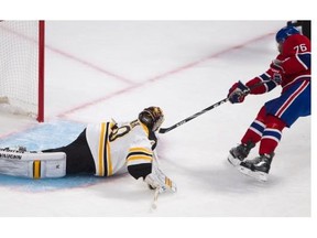 Montreal Canadiens defenseman P.K. Subban scores on Boston Bruins goalie Tuukka Rask during at the Bell centre on Tuesday May 6, 2014.