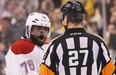 Canadiens’ P.K. Subban argues with referee Eric Furlatt after Bruins’ Shawn Thornton sprayed him with his water bottle from the bench at the end of Game 5 Saturday at the TD Garden in Boston.