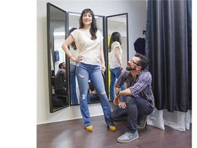 Stylist Luc Nowlan admires the fit as Sophie Keller tries a Genetic Denim jean. The right cut is determined by the leg, he says.