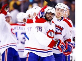 P.K. Subban #76 of the Montreal Canadiens celebrates his game-winning power play goal with his teammates in the second overtime period against the Boston Bruins in Game One of the Second Round of the 2014 NHL Stanley Cup Playoffs on May 1, 2014 in Boston, Massachusetts.