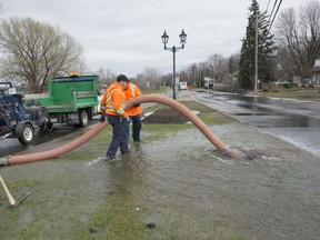 Water was gushing across St-Charles Ave. in Vaudreuil on Monday afternoon after a water main broke.