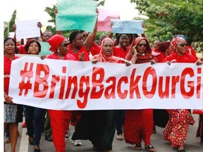 Women attend a demonstration calling on government to rescue kidnapped school girls of a government secondary school Chibok, in Lagos, Nigeria, Monday, May. 5, 2014.  A leader of a protest march for 276 missing schoolgirls said that Nigeria’s First Lady ordered her and another protest leader arrested Monday, expressed doubts there was any kidnapping and accused them of belonging to the Islamic insurgent group blamed for the abductions. Saratu Angus Ndirpaya of Chibok town said State Security Service agents drove her and protest leader Naomi Mutah Nyadar to a police station Monday