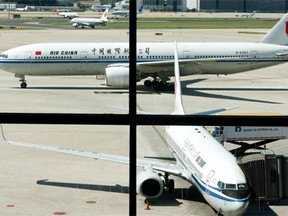 An Air China’s Boeing 777 jet, centre, taxis to a gate after landing at Beijing International Airport.