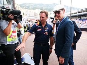 Christian Horner, the Infiniti Red Bull Racing Team Principal, shows actor Benedict Cumberbatch around the team garage during the Monaco Formula One Grand Prix at Circuit de Monaco on May 25, 2014 in Monte Carlo, Monaco.  (Photo by Mark Thompson/Getty Images)