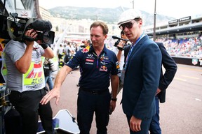 Christian Horner, the Infiniti Red Bull Racing Team Principal, shows actor Benedict Cumberbatch around the team garage during the Monaco Formula One Grand Prix at Circuit de Monaco on May 25, 2014 in Monte Carlo, Monaco.  (Photo by Mark Thompson/Getty Images)