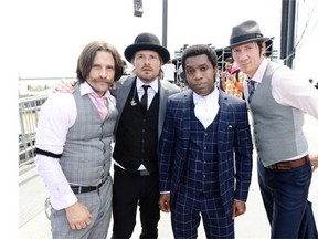 Nalle Colt, left, Richard Danielson, Ty Taylor and Rick Barrio Dill of Vintage Trouble backstage during Day 2 of the 2013 Coachella Valley Music & Arts Festival at the Empire Polo Club in Indio, California.