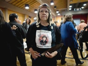 Gertrude Pierre wears a shirt in memory of her niece Cheryl Ann Joe who was murdered in January 1992. She was remembered as First Nations groups pledged to end violence against aboriginal women and girls.