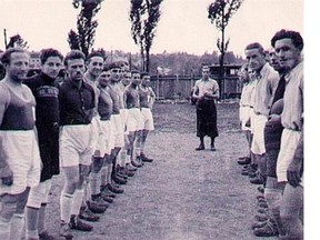 Jill Klein’s father (second from left) with his team members in a displaced person’s camp in Austria in 1946, wearing a sweater as his goalkeeper’s jersey. Photo courtesy of Jill Klein.