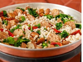 Barley is the base of a sustaining supper dish that combines sausages and kale.