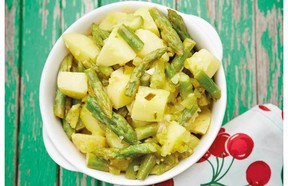 Carla Kelly’s salad includes potatoes as a creamy backdrop for pickles and asparagus.