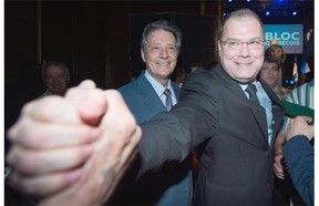 Mario Beaulieu smiles as he is greeted by a supporter in Montreal Saturday, June 14, 2014, after being named new leader of the Bloc Québécois.