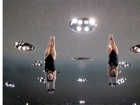 Meaghan Benfeito and Roselin Filion of Canada practise prior to the women’s 10-metre synchro platform final on the opening day of the FINA/NVC Diving World Series at the London Aquatics Centre on April 25, 2014 in London, England.