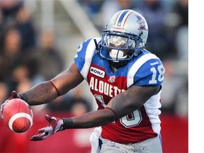 Montreal Alouettes receiver Jamel Richardson drops a pass from quarterback Anthony Calvillo during Canadian Football League game against the Toronto Argonauts in Montreal Sunday September 23, 2012.