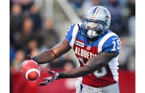 Montreal Alouettes receiver Jamel Richardson drops a pass from quarterback Anthony Calvillo during Canadian Football League game against the Toronto Argonauts in Montreal Sunday September 23, 2012.