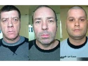 Left to right: Denis Lefebvre,  Serge Pomerleau and Yves Denis are shown in these police handout photos. The SQ issued an alert after the three inmates scaped from the Orsainville Detention Centre in Quebec City with the help of a green-coloured helicopter.