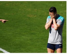 Portugal forward Cristiano Ronaldo reacts after failing to control the ball during a training session with teammates at Moises Cicarelli Stadium in Campinas on June 12, 2014, ahead of the 2014 FIFA World Cup football tournament in Brazil. FRANCISCO LEONG/AFP/Getty Images