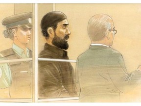Raed Jaser appears in court in Toronto on Tuesday, April 23, 2013 in this artist’s sketch. Parole officials did not trample on the rights of Jaser, an accused terrorist, by revoking his criminal pardon based on the unproven charges he faces, the federal government argues in newly filed court documents.