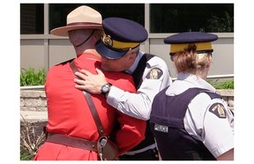 Two RCMP officers exchange an emotional greeting on the eve of Tuesday’s regimental funeral in Moncton for the three RCMP officers killed last week. All major police organizations, including the RCMP, were strong supporters of the long-gun registry, but the Harper government did away with it anyway, writes gun-control advocate Heidi Rathjen. The Quebec portion of the registry survives, thanks to a court injunction.