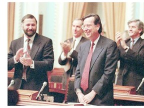 Robert Bourassa receives applause on his last day in the National Assembly, in December 1993.